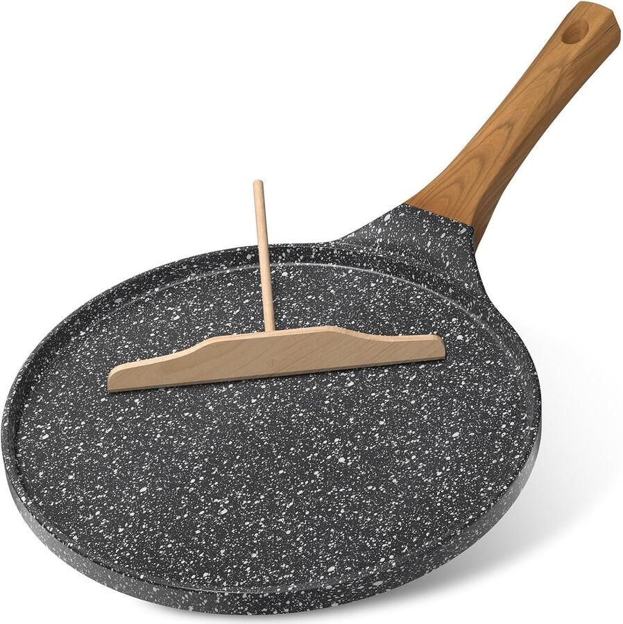 26cm Granieten Pannenkoekenpan – Crêpepan Voor Inductie – PFOA-Vrij Ideaal Voor Crêpes En Tortilla's Antiaanbaklaag Van Topkwaliteit Inclusief Houten Spatel Makkelijk