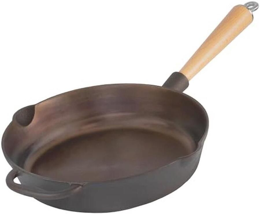 27 cm Polished Cast Iron Grill Pan with Wooden Handle Casserole with Two Pouring Spouts Versatile Cooking Pan