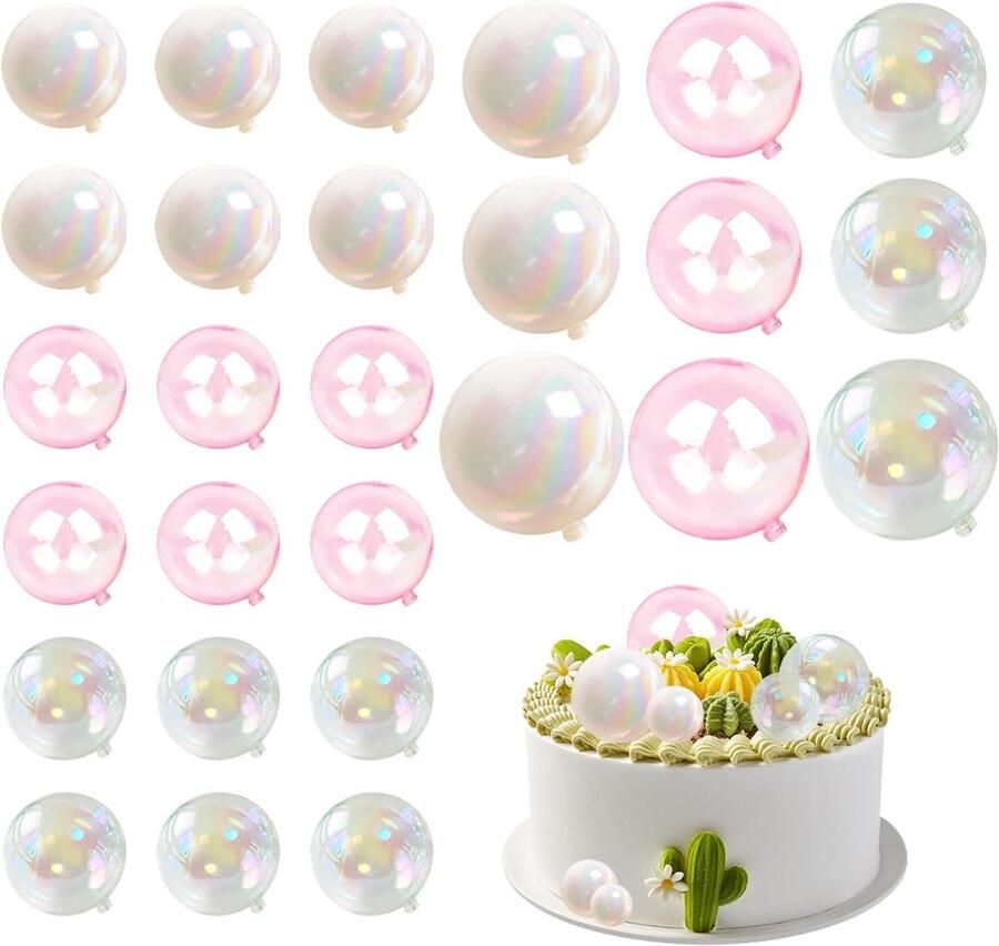 27 stuks kogeltaartdecoraties taartbolldecoratieaccessoires pasteltaartballen transparante taartinzetstukken decoratieve taartaccessoires voor Taart Decoratie (roze transparant wit)
