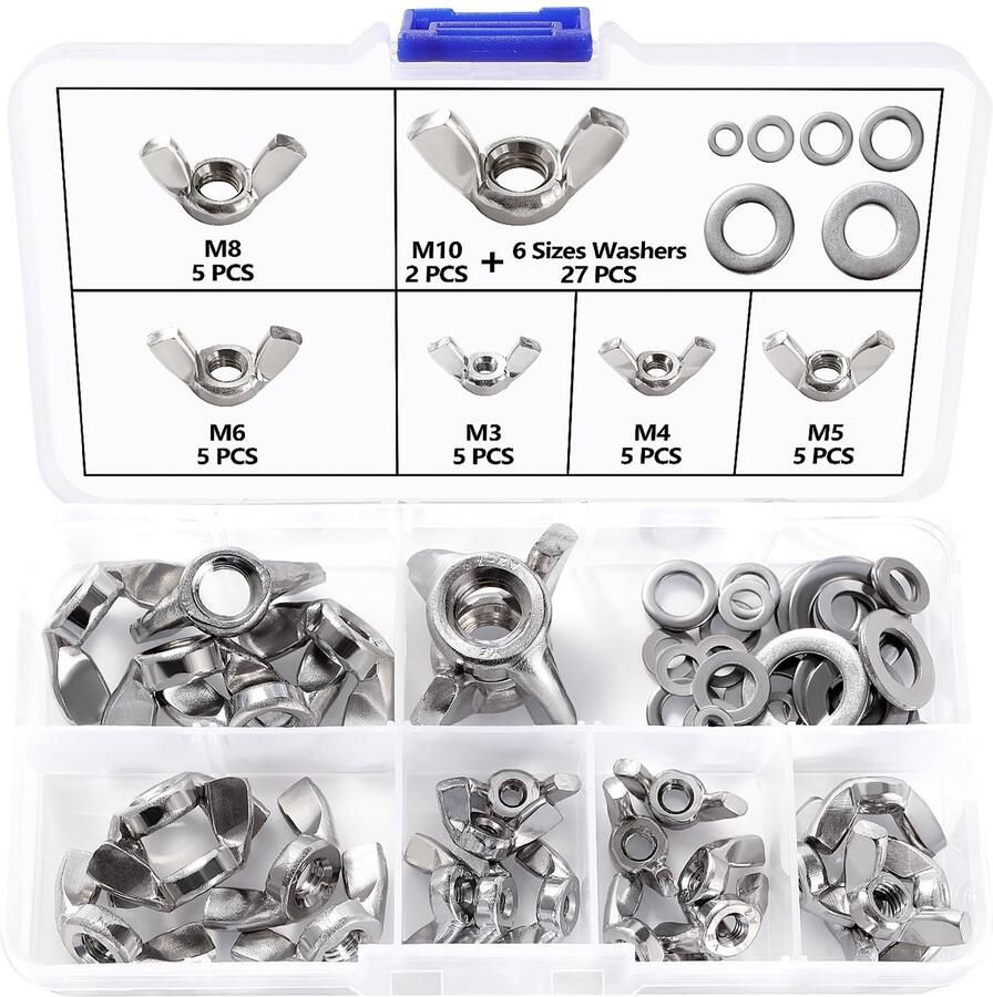 27 stuks M3 M4 M5 M6 M8 M10 vlindermoerenset oormoeren van roestvrij staal metalen vlindermoeren met 27 stuks platte sluitringen voor knutselgereedschap
