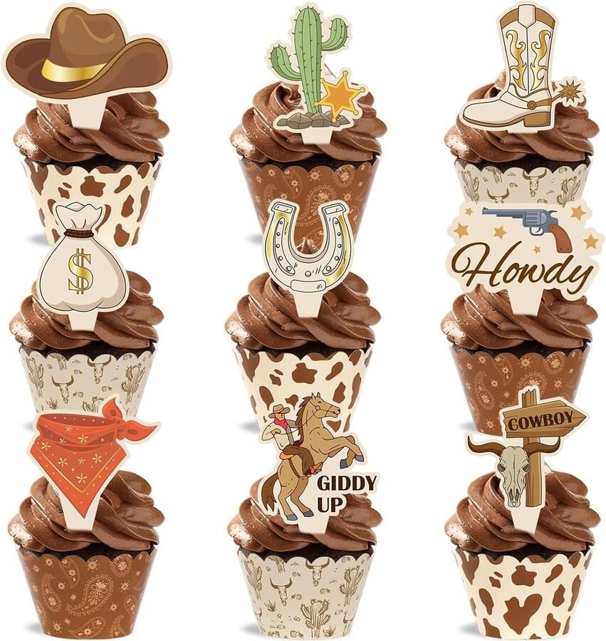 27 stuks Western cupcake-toppers cowboy-taartdecoratie wildwest-cupcakevormpjes rodeo-taartversiering voor wildwest-western-verjaardagsdecoratie
