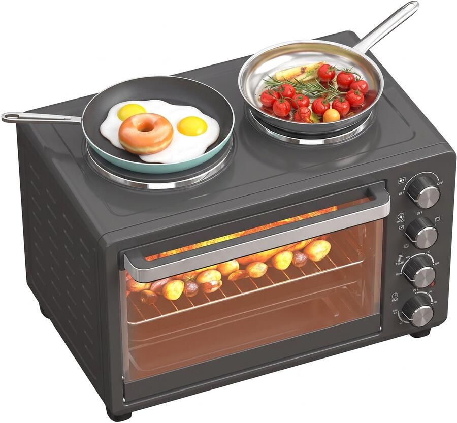 28 L broodroosteroven compacte oven voor koken en grillen elektrische oven met bakplaat en grillrooster 2600W Zwart