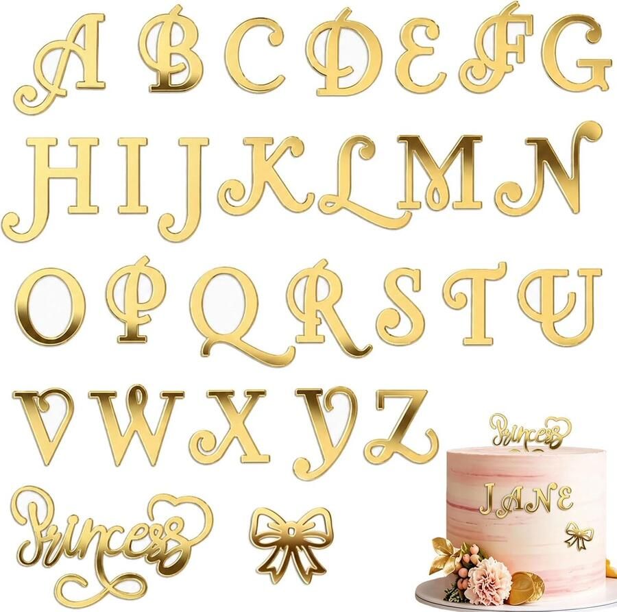 28 Stuk Gouden Acryl Taartstekers Letterset A-Z Alfabet Taarttopper Met Prinsessenmotieven Voor Verjaardag Baby Shower Vrijgezellenfeest