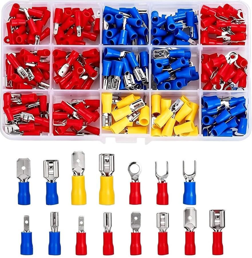 280-delige krimpconnectorset elektrisch geïsoleerde krimpklemmen ring-vork-spade-aansluiting mannelijke en vrouwelijke spade-connectoren messing rood blauw geel
