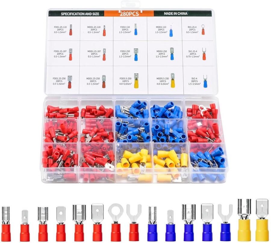 280 stuks kabelschoenenset 0 5-6 0 mm² krimpverbinders auto-kabelverbinders ringkabelschoenen platte stekkers krimpverbinders stootverbinders assortiment voor automonteurs