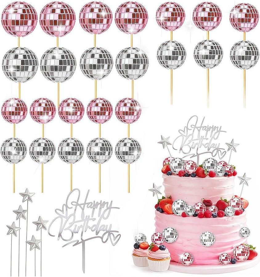 29 stuks Disco Ball Cupcake Decoraties Mini Disco Ballen voor Taarten Glanzende Spiegelbol Picks Taartdecoraties voor een Retro Verjaardagsfeest in 70er Jaren Stijl