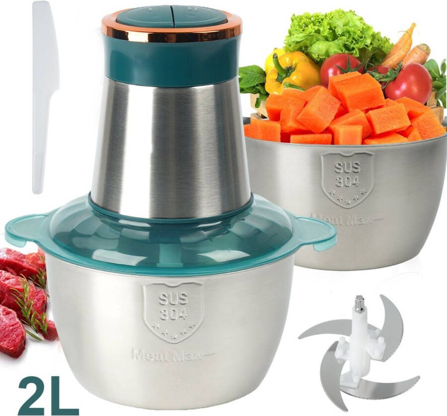 2L 300W roestvrijstalen vleesmolen Elektrische hakmolen Met 2 snelheidsinstellingen Oververhittingsbeveiliging Geschikt voor vlees fruit en groenten
