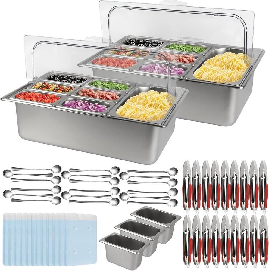 2PCS Pizza Topping Station 10 Pannen RVS Specerijen Organizer voor Salade Bar en Buffet met Lepels en IJsdozen voor Sauzen en Ingrediënten in Keuken en Restaurant