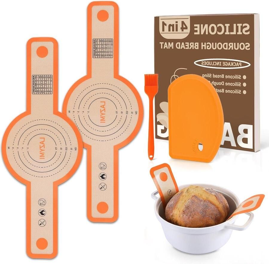 2PCS Silicone Sourdough Mat for Dutch Oven Reusable Bread Baking Mat with Long Handle for Transferring Sourdough Baking Sling with Dough Scraper & Silicone Brush Orange