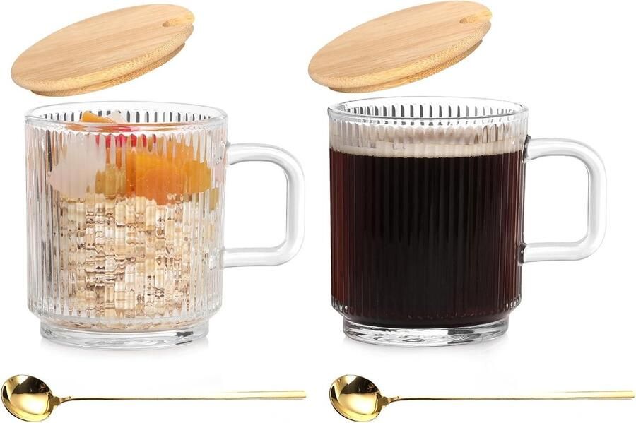 2pcs Tasse a Cafe 350ml Tasse à Café Expresso Verre Strié avec CuillèRe Et Couvercle Tasse de Petit-DéJeuner pour Cappuccino Latte CéRéAles Yaourt Lait Transparente