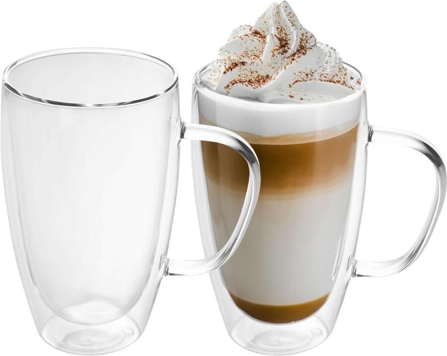 2x dubbelwandige thermo-glazen set -400 500ml- mondgeblazen geïsoleerd voor espresso cappuccino theeglazen koffieglazen latte macchiato kopjes zwevend effect met handvat