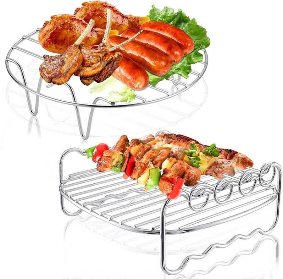 2x RVS Airfryer Accessoires Set: Dubbellaags Grillrek met 4 Spiesjes voor Bakken en Grillen