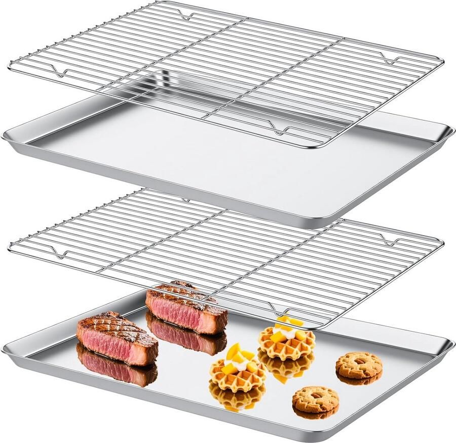 2x RVS Bakplaat met Koelrek Rechthoekige Ovenschaal Set 40x30 cm