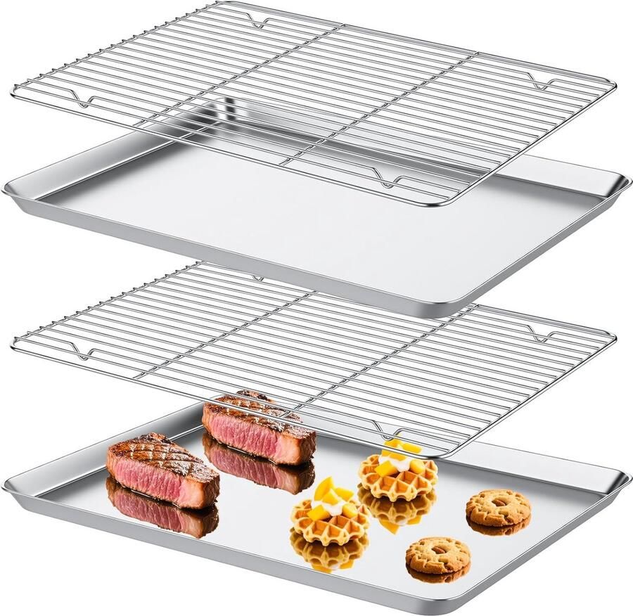 2x RVS Bakplaat met Koelrek Rechthoekige Ovenschaal Set 40x30 cm