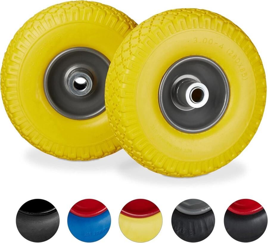 2x steekwagenwiel 3.00-4 100 kg draaglast stalen velg as met diameter 20 mm 260 x 85 mm geel-grijs
