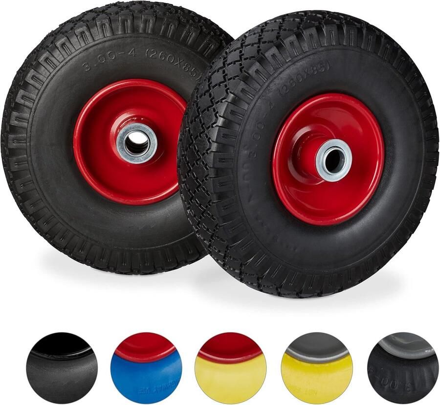 2x steekwagenwiel 3.00-4 100 kg draaglast stalen velg as met diameter 20 mm 260 x 85 mm zwart-rood