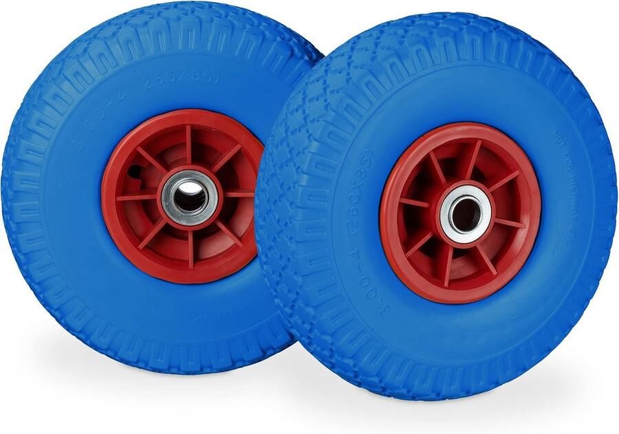 2x steekwagenwiel 3.00-4 rubberen luchtband stalen velg as met diameter 20 mm 260x85 mm blauw-rood