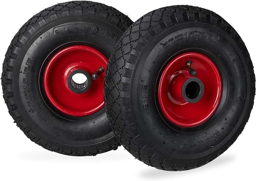 Steekwagenwiel 3.00-4 set van 2 luchtband stalen velg as met diameter 25 mm reservewiel zwart-rood