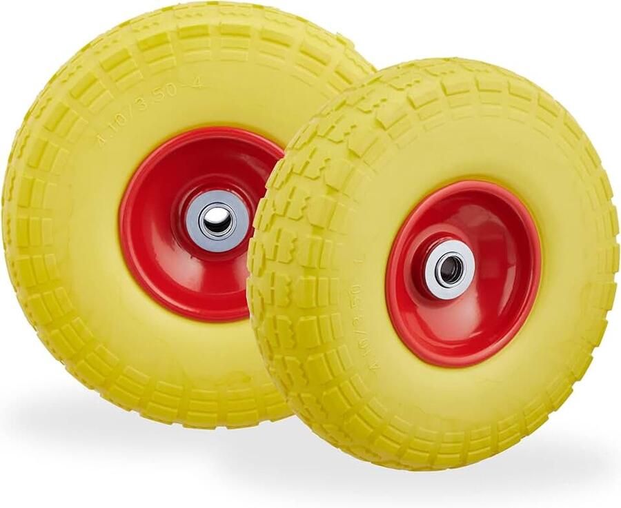 2x steekwagenwiel 4.1 3.5-4'' anti lek banden 16 mm as tot 150 kg 260x85mm rubber geel-rood