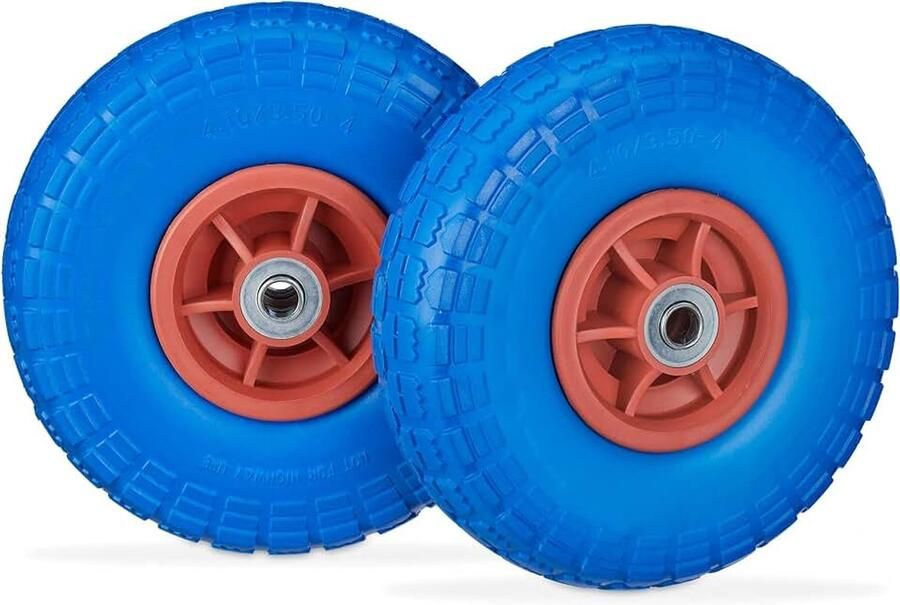 2x steekwagenwiel 4.1 3.5-4'' anti lek banden 16 mm as tot 150kg 260x85mm rubber blauw-rood