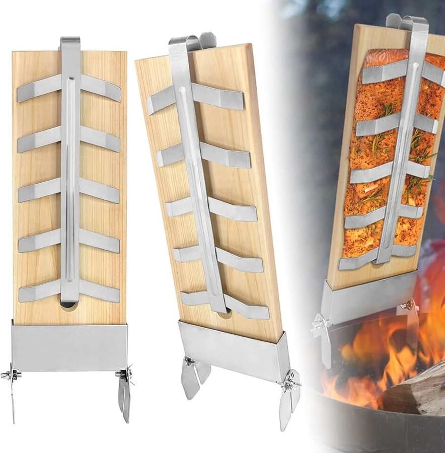 2X Zalmplank met Roestvrijstalen Standaard Verstelbare hoek Extra dikke cederhouten Rookplank Grillplank vlamzalmplanken voor barbecues en vuurkorven