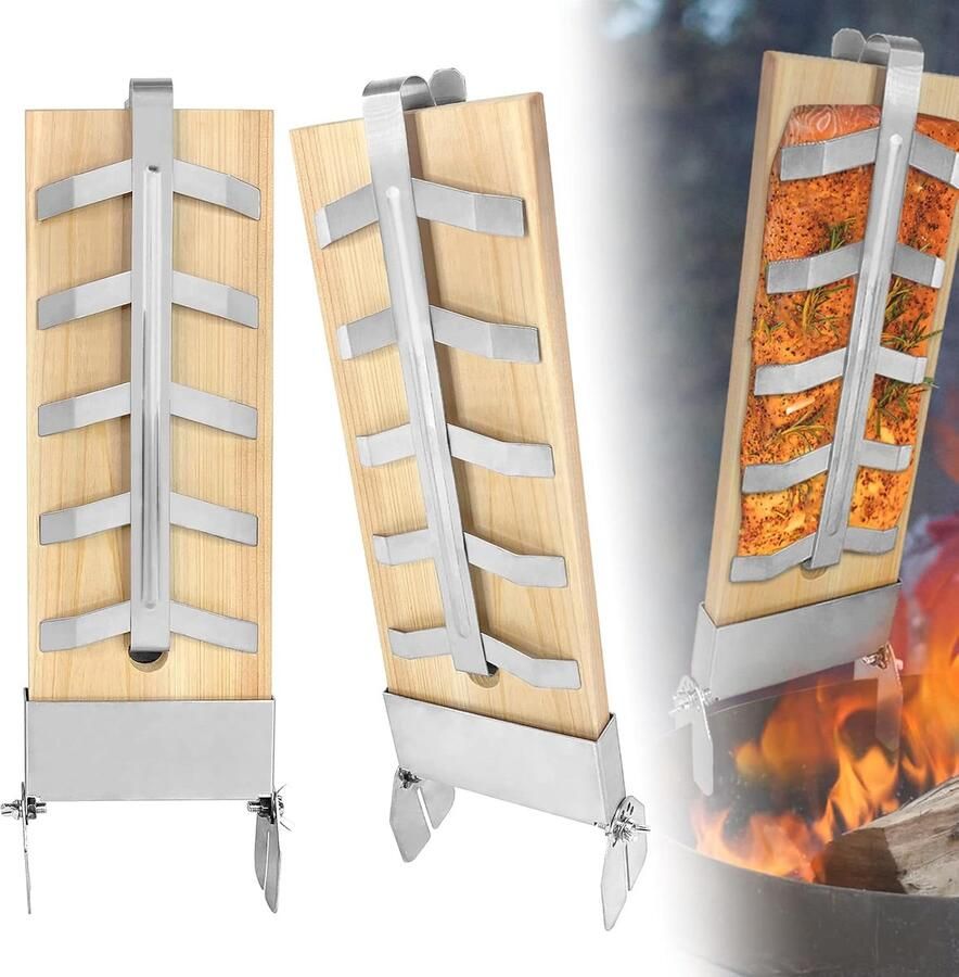 2X Zalmplank met Roestvrijstalen Standaard Verstelbare hoek Extra dikke cederhouten Rookplank Grillplank vlamzalmplanken voor barbecues en vuurkorven