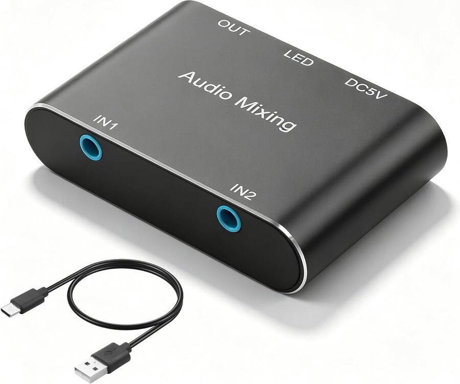 3 5 mm stereo audio-mixer 2-in-1 out 3 5 mm stereo mini-audio-mixer met 5 m USB-oplaadkabel voor laptops mobiele telefoons hoofdtelefoons luidsprekers enz