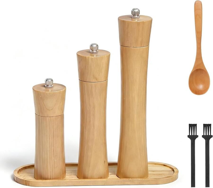 3-delig met houten dienblad handmatig keramisch maalwerk met verstelbaar zout en pepermolen chilimolen cadeauset voor keuken (15-20 cm incl. 2 reinigingsborstels en houten