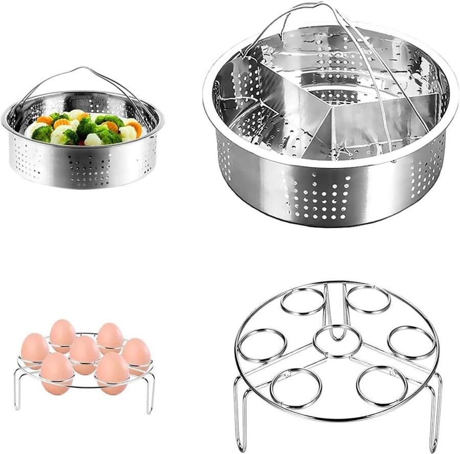 Stoomrek Set Snelkookpan Accessoires Gezond Koken 3-Delig RVS Voor 5-8 Qt Zilverkleurig