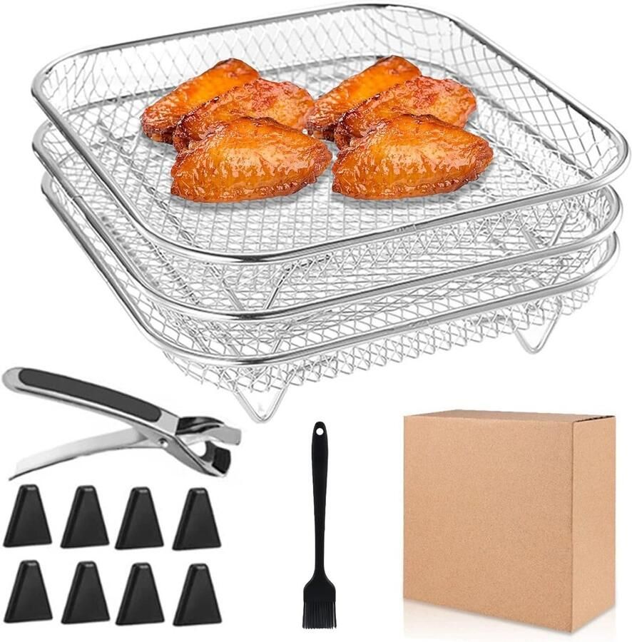 Set van 3 Air Fryer Grills met 8 Siliconen Voetjes Inclusief Tangen en Borstel voor Barbecue en Oven Geschikt voor 8 Qt Air Fryer en Vierkante Modellen