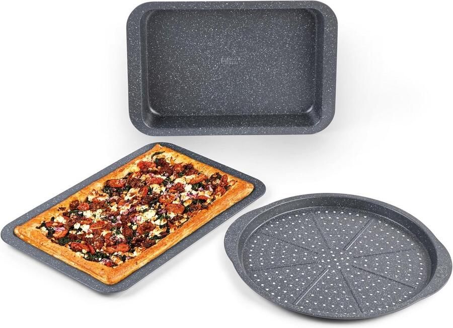 3-Delige Bakset met Anti-Aanbaklaag voor Oven Rechthoekige Bakvorm Pizza- en Ovenschaal