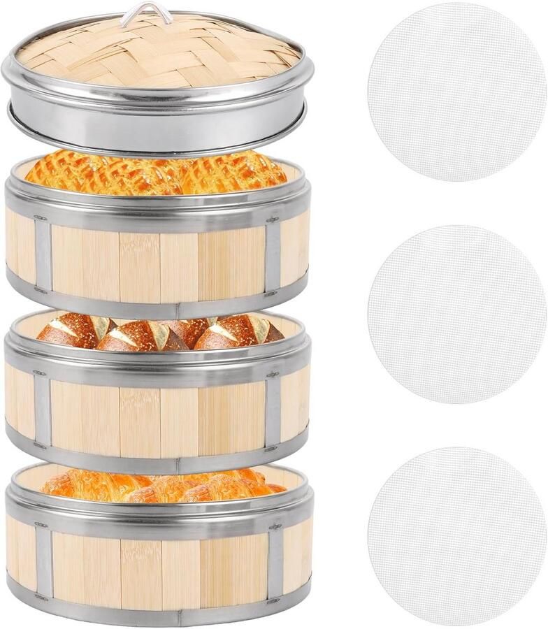 3-Delige Bamboe Stoompan Set met Deksel en Siliconen Matten 20 cm