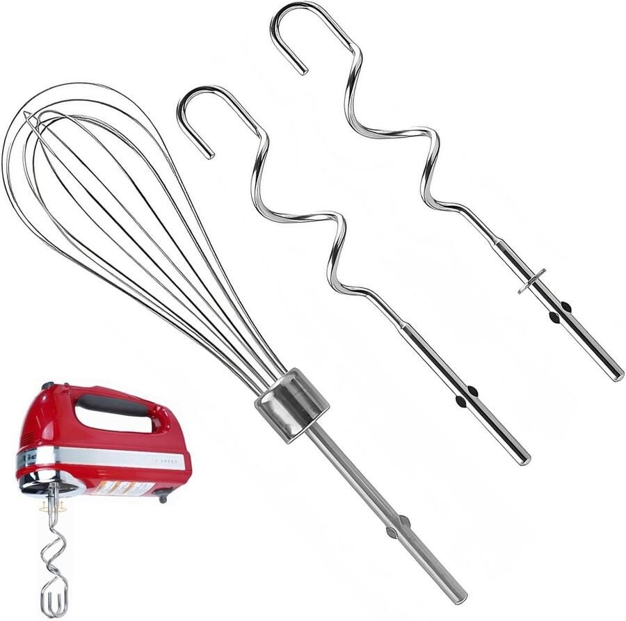 3-delige Handmixer Accessoires voor Keuken: RVS Kneedhaak Garde en Roerhulpstukken voor Bakken en Koken
