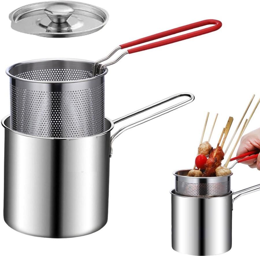 3-delige Mini Friteuse Multifunctionele Friteuseset van roestvrij staal Kleine oliepan Friteuse Met frituurmandje Met deksel 25*12*11 5 cm Geschikt voor het frituren van friet kip spek enz. Zilver