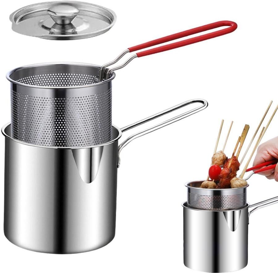 3-delige Mini Friteuse Multifunctionele Friteuseset van roestvrij staal Kleine oliepan Friteuse Met frituurmandje Met deksel 25*12*11 5 cm Geschikt voor het frituren van friet kip spek enz. Zilver