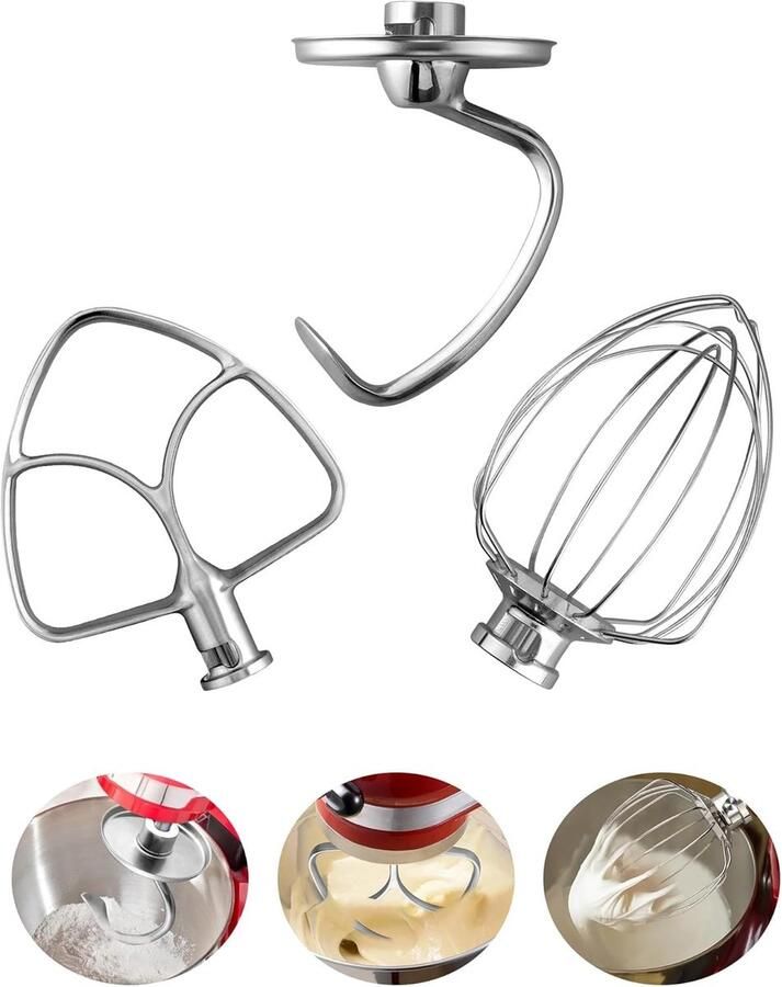3-delige Mixer Accessoires voor Keukenmachine Geschikt voor 4.5-5 QT RVS Kneedhaak Klopper en Platte Klopper voor Perfecte Resultaten in de Keuken