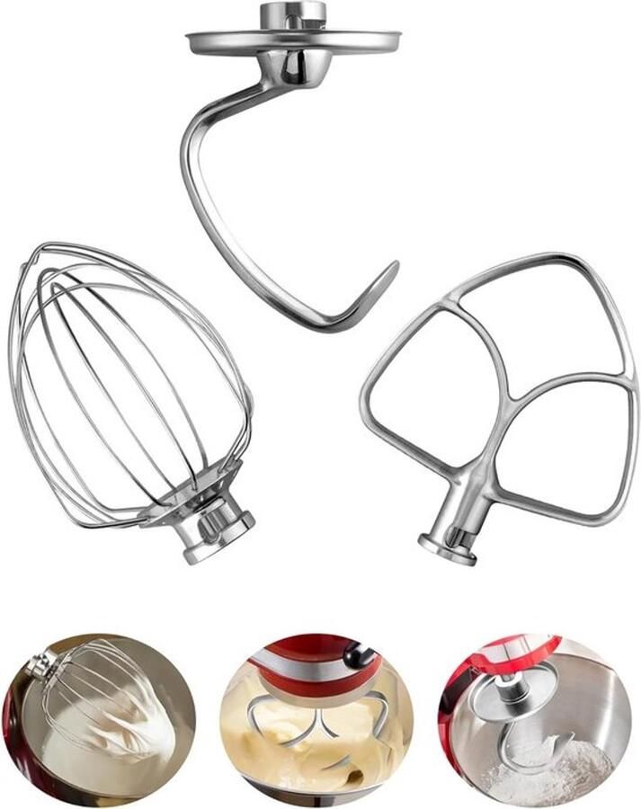 3-delige Mixer Accessoires voor Keukenmachine RVS Kneedhaak Klopper en Paddle voor 4.5-5 QT Mixers