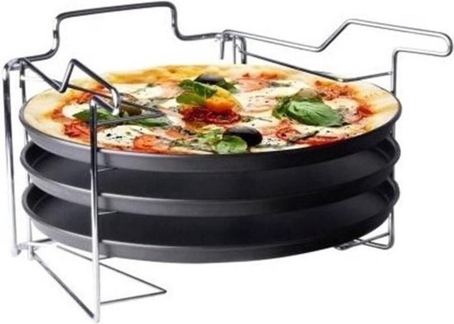 3-Delige Pizzaset met Bakstandaard en Antiaanbaklaag Geschikt voor 4 Pizza's