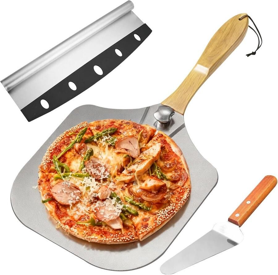 3-Delige Pizzaset met Inklapbare Houten Handgreep en RVS Snijder