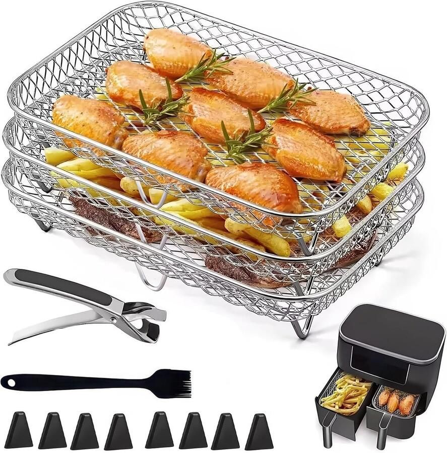 3-delige RVS Air Fryer Racks Stapelbare Mand Tray met Clip voor Oven en Magnetron Ideaal voor Gezond Koken