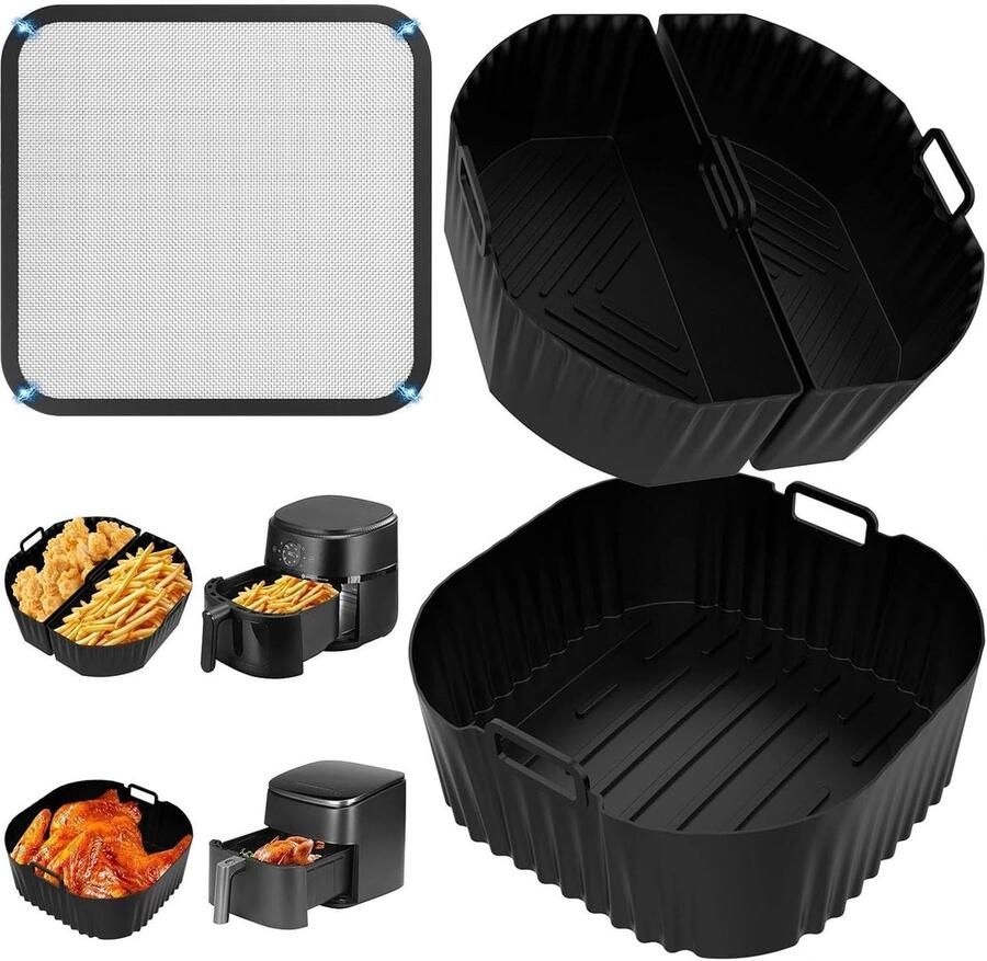 3-delige Siliconen Accessoireset voor Heteluchtfriteuse Oven Schaal en Bakmat
