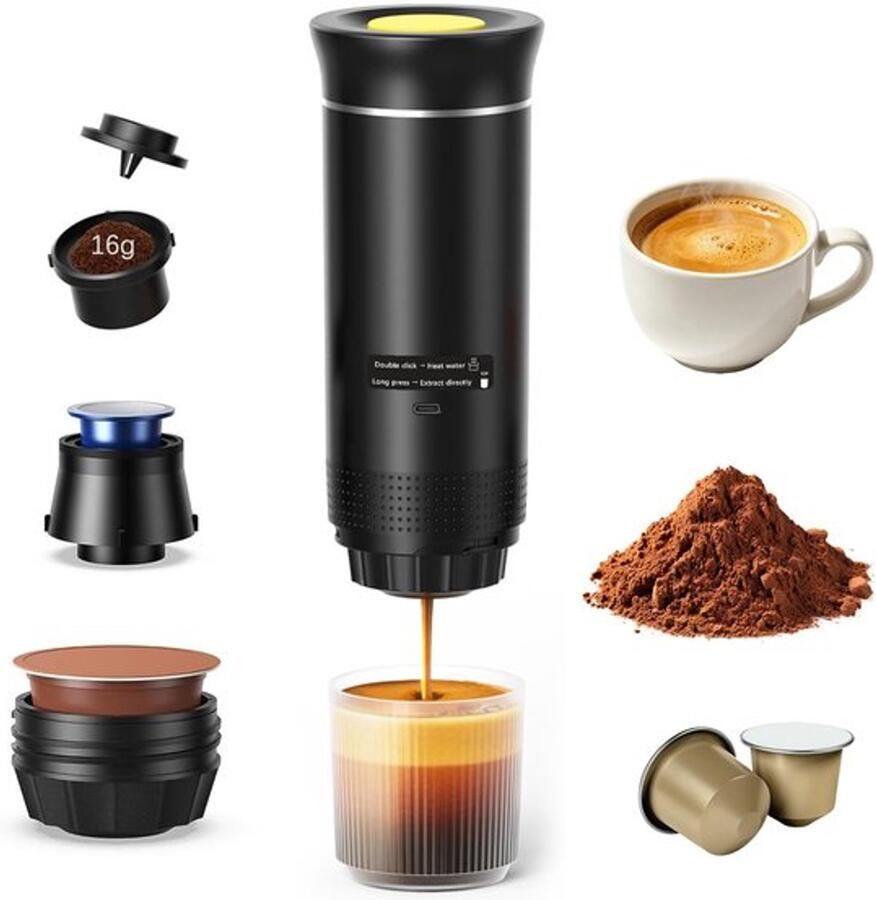 3-in-1 accu-koffiepadmachine draagbaar koffiezetapparaat auto-espressomachine met digitaal display compatibel met capsules en gemalen koffie 5 minuten snelle verwarming voor camping camper en