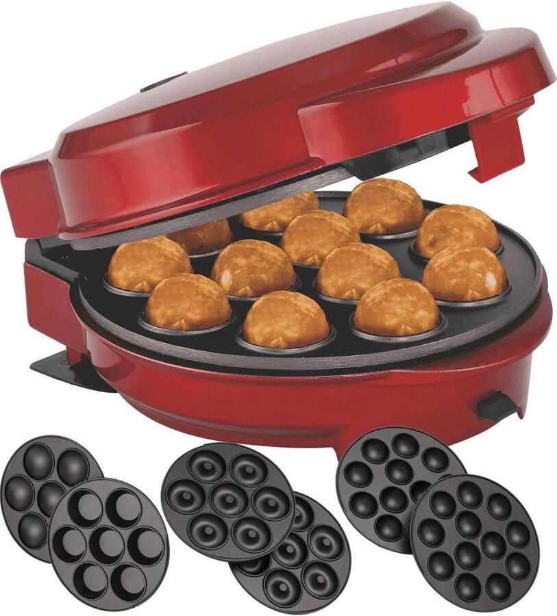 3-in-1 Bakmachine Donuts Muffins Cake Pops Thuis Bakken Wisselbare Platen 7 Donuts 12 Pops Rood Metallic