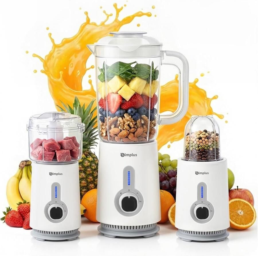 3-in-1 Blender Keukenmachine Mixer Smoothies Maken 3 Speciale Containers 125 Liter Wit