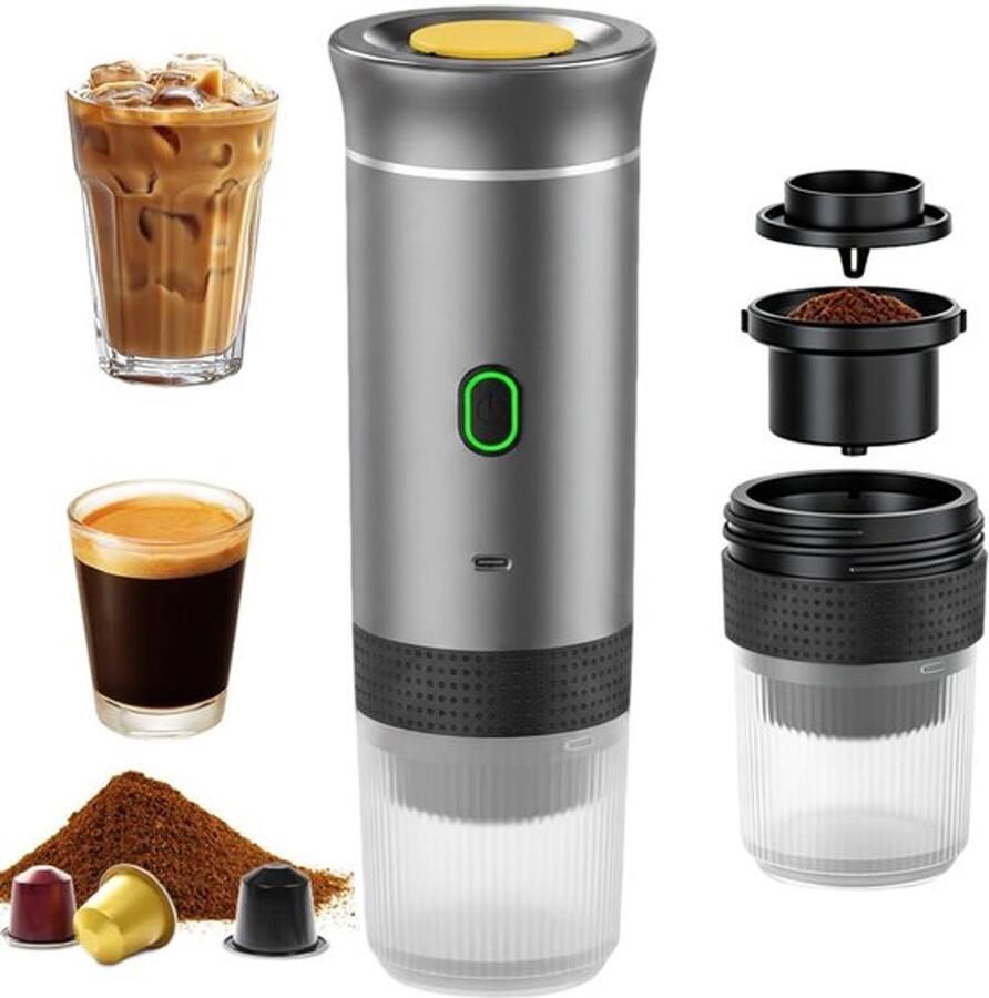 3-in-1 draagbaar koffiezetapparaat met accu 12 V draagbare espressomachine automatische espressomachine met USB met capsules en gemalen koffie voor reizen camping auto (grijs)