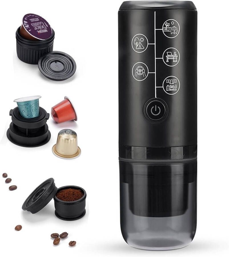 3-in-1 draagbare espressomachine elektrisch reiskoffiezetapparaat met NS-capsule gemalen koffie en Dolce Gusto-pod USB-type C en autolader 17 bar filterkoffiezetapparaat (zwart) zonder verwarming