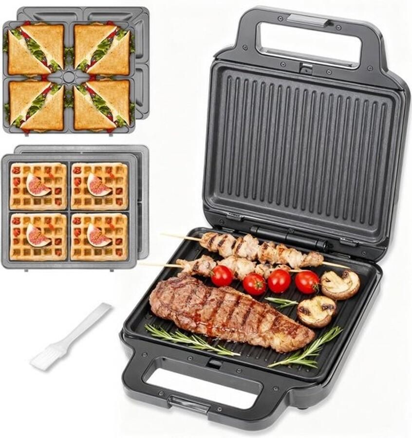3-in-1 Elektrisch Contactgrill Sandwichmaker en Wafelijzer met Afneembare Platen