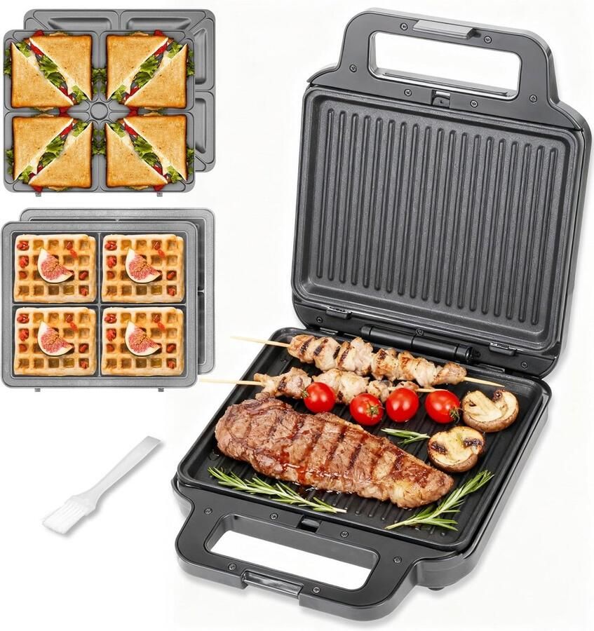 3-in-1 Elektrisch Contactgrill Sandwichmaker en Wafelijzer met Afneembare Platen