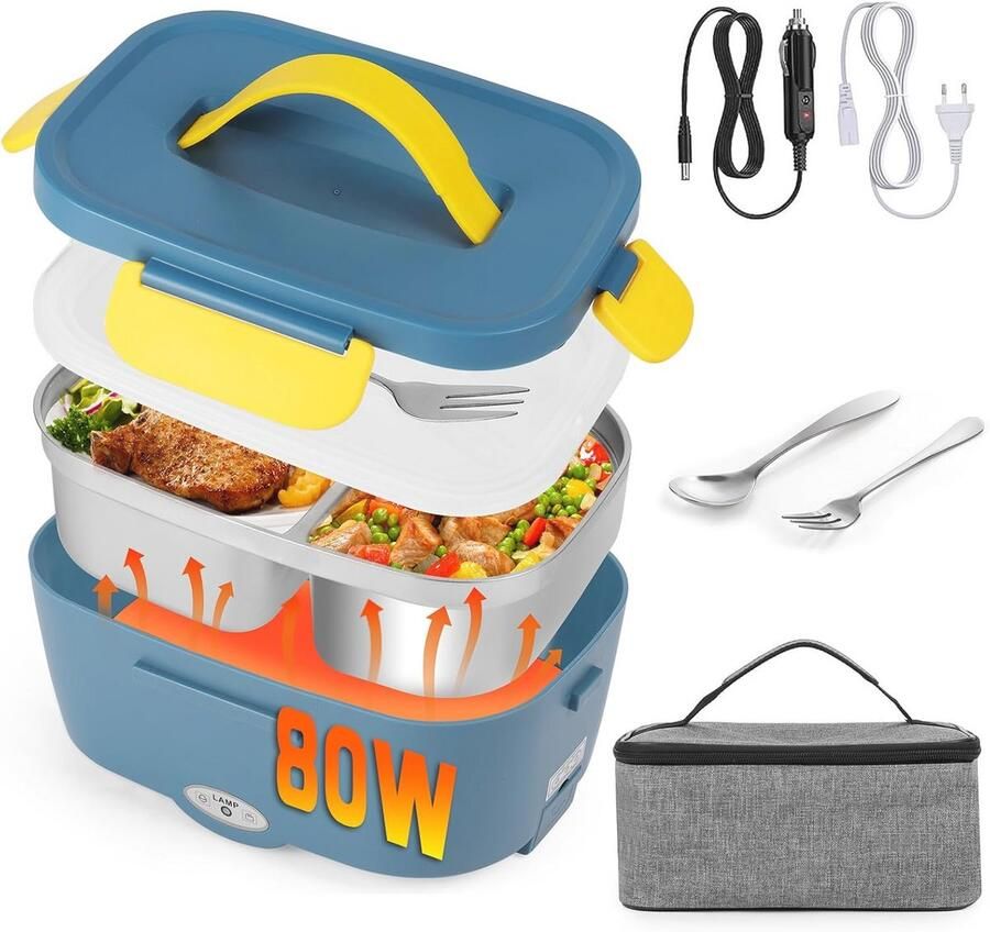 3-in-1 Elektrische Lunchbox en Voedselverwarmer voor Auto en Thuis – 1 5L Afneembare Roestvrijstalen Verwarming Inclusief Bestek