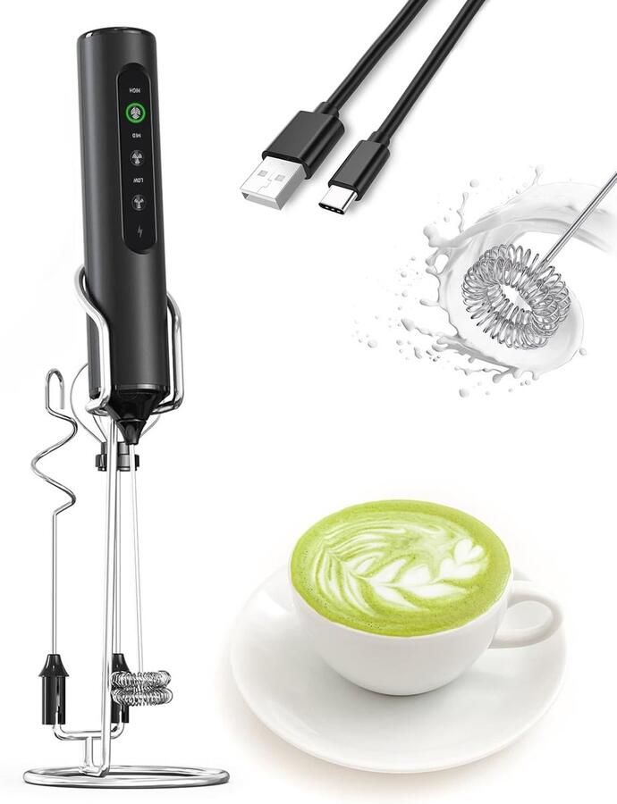 3-in-1 elektrische melkopschuimer met standaard oplaadbaar LED-display en 3 snelheden Draagbare garde voor koffie proteïneshakes en bakken Zwart (met standaard oplaadbaar)